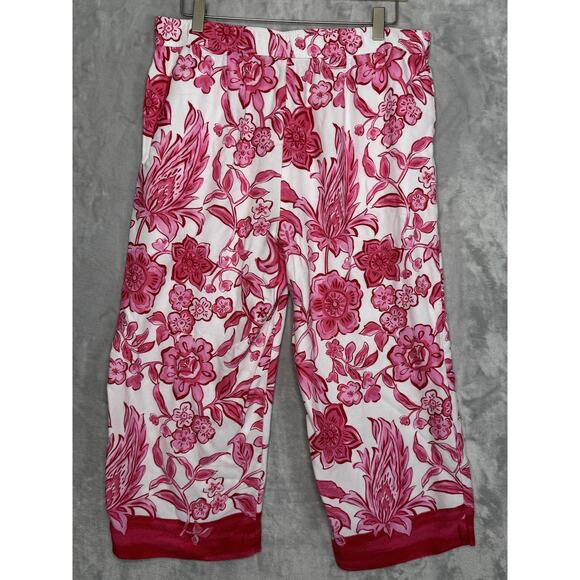 Talbots Capri Pants Womens Large Petite Pink White Floral Pull-On Pockets Crop - Picture 2 of 8